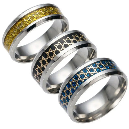 Brede herenring met <span data-glossary-id="etoiles-de-david">Davidsterren</span> joods symbool goud