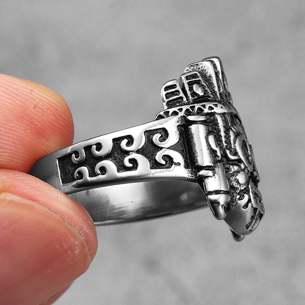 Ring met Azteeks maskertotem met doodshoofd in etnische stijl