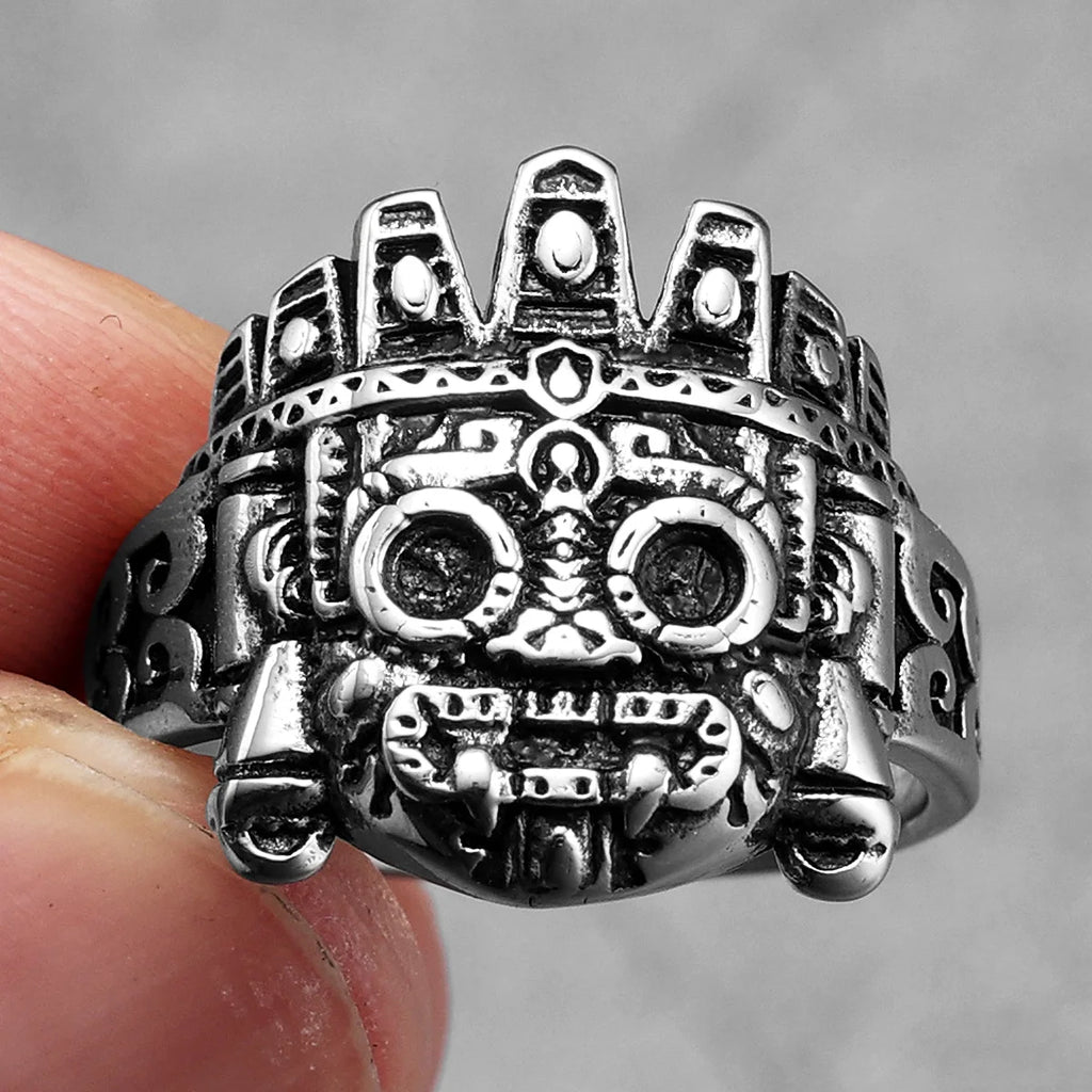 Ring met Azteeks maskertotem met doodshoofd in etnische stijl