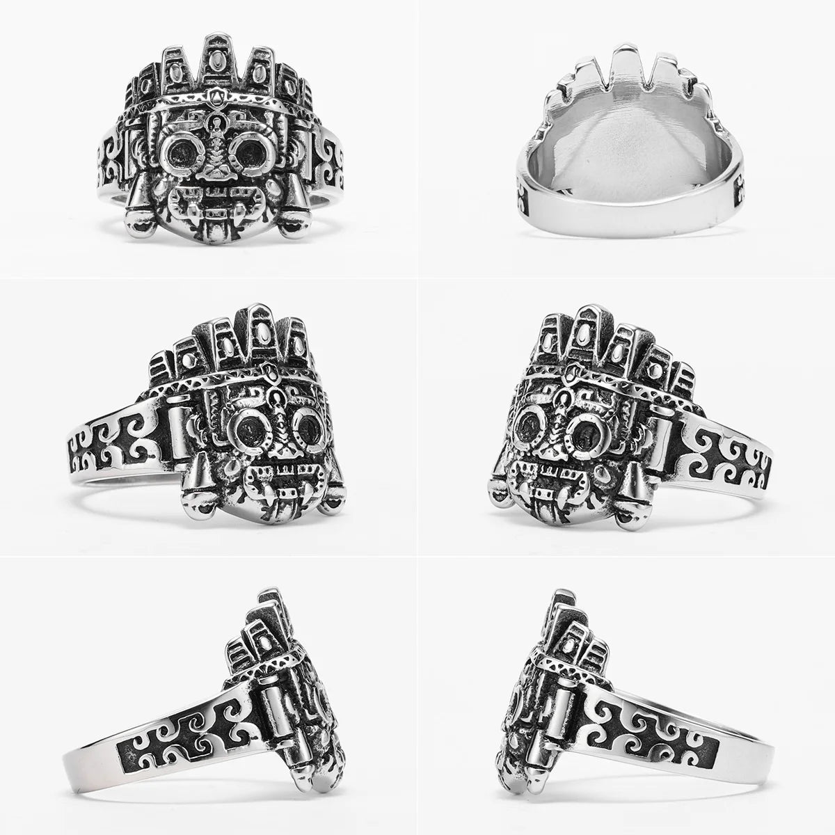 Ring met Azteeks maskertotem met doodshoofd in etnische stijl