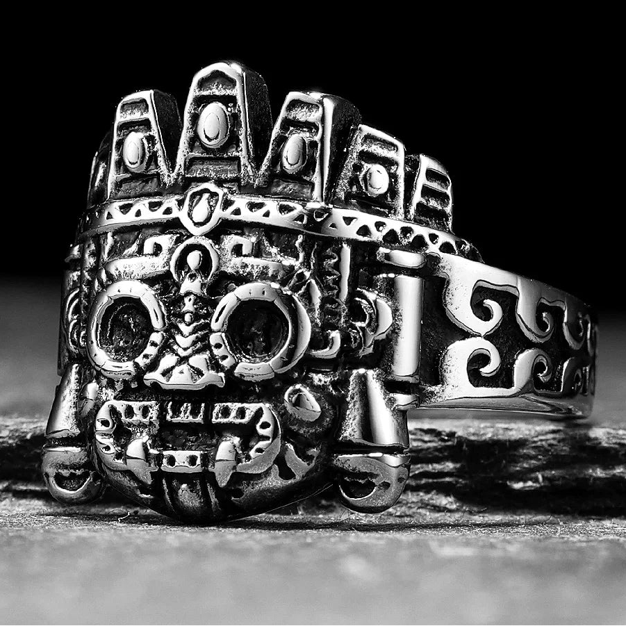Ring met Azteeks maskertotem met doodshoofd in etnische stijl
