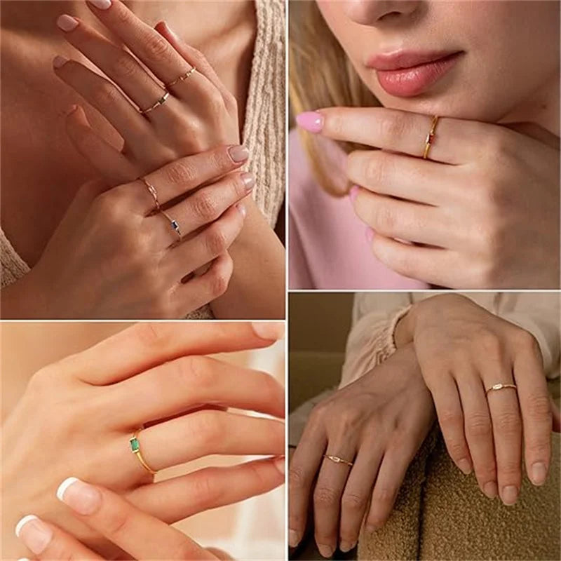 Minimalistische ring met rechthoekige geboortesteen voor vrouwen