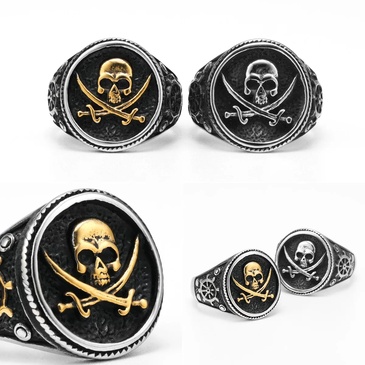 خاتم قراصنة وجمجمة من الفولاذ المعتّق بأسلوب قوطي 