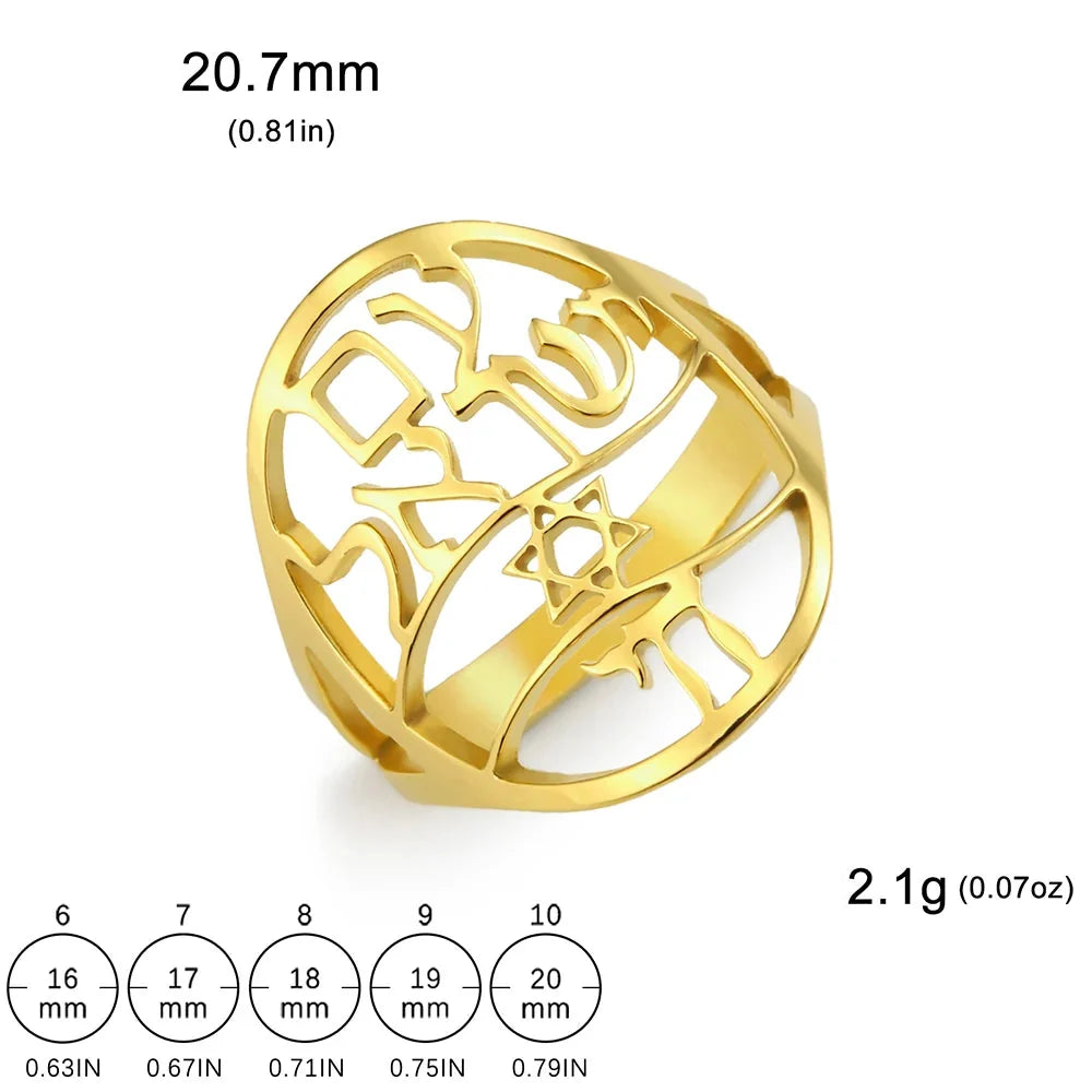 Symbolische Joodse ring met Hebreeuwse gravure <span data-glossary-id="etoile-de-david">Davidster</span> en Haï Chai