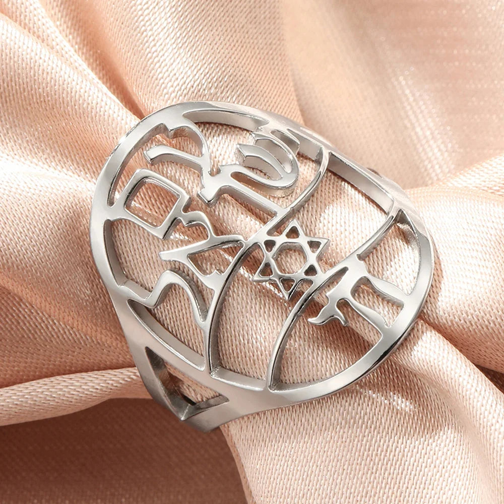 Symbolische Joodse ring met Hebreeuwse gravure <span data-glossary-id="etoile-de-david">Davidster</span> en Haï Chai zilver