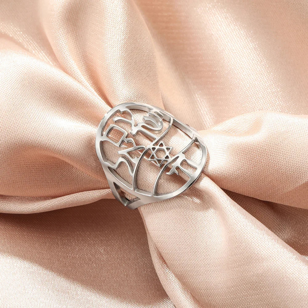 Symbolische Joodse ring met Hebreeuwse gravure <span data-glossary-id="etoile-de-david">Davidster</span> en Haï Chai zilver