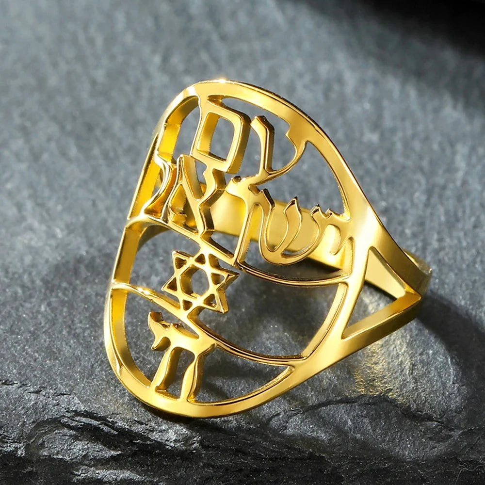 Symbolische Joodse ring met Hebreeuwse gravure <span data-glossary-id="etoile-de-david">Davidster</span> en Haï Chai goud