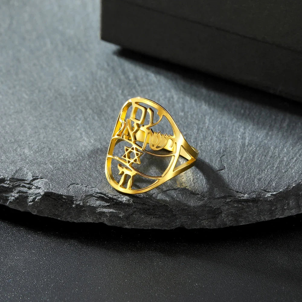 Symbolische Joodse ring met Hebreeuwse gravure <span data-glossary-id="etoile-de-david">Davidster</span> en Haï Chai goud
