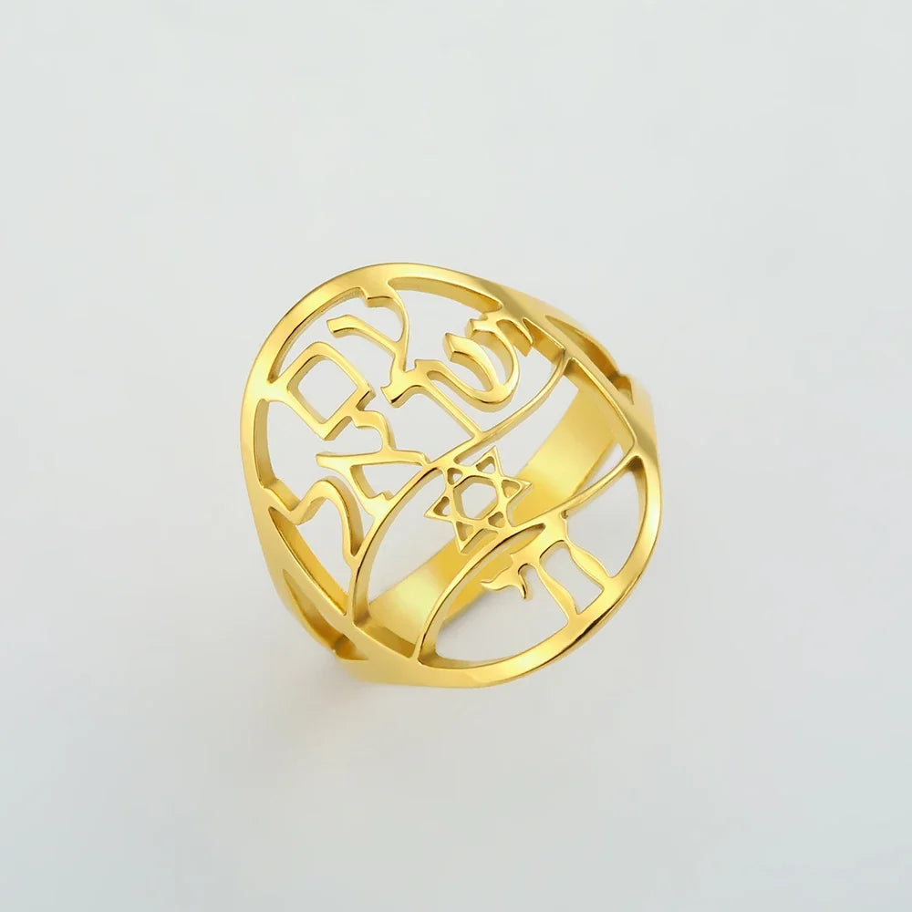 Symbolische Joodse ring met Hebreeuwse gravure <span data-glossary-id="etoile-de-david">Davidster</span> en Haï Chai goud