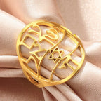Symbolische Joodse ring met Hebreeuwse gravure <span data-glossary-id="etoile-de-david">Davidster</span> en Haï Chai goud