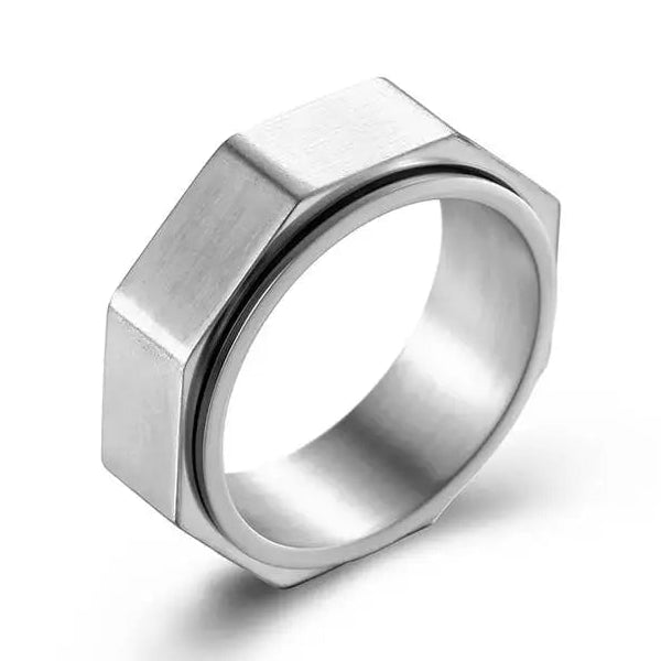 Bague unisexe anti-stress rotative hexagonale argent