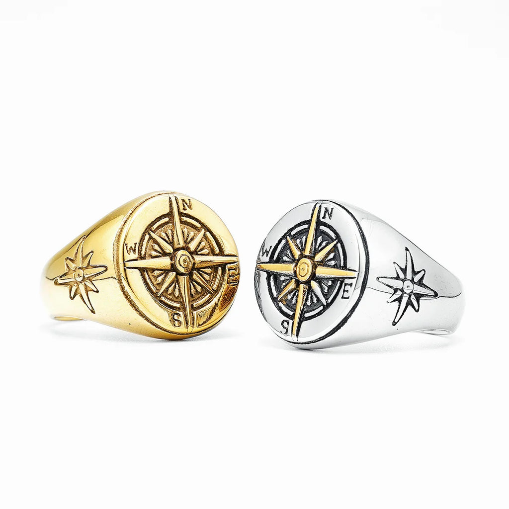 Bague Vintage Boussole Rose des Vents pour Homme argent et or