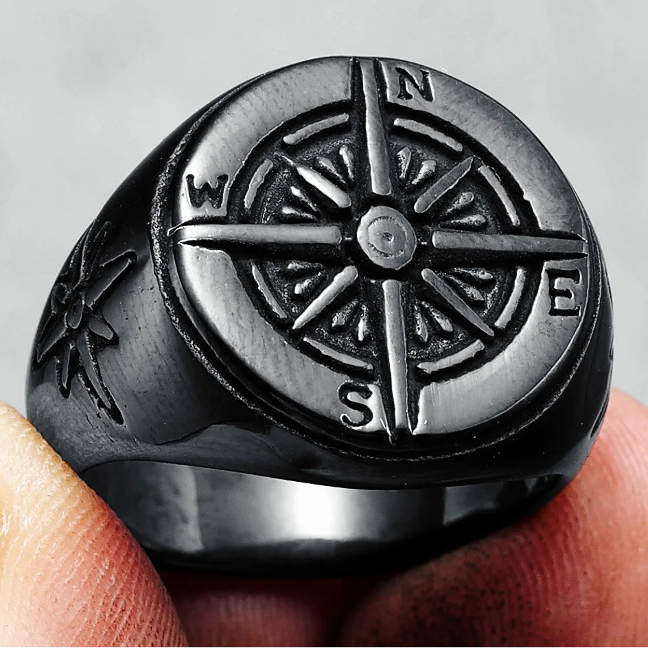 Bague Vintage Boussole Rose des Vents pour Homme noir