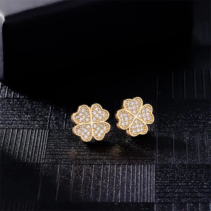 Boucles d'Oreilles Clou avec Trèfle à 4 Feuilles en Zircon or