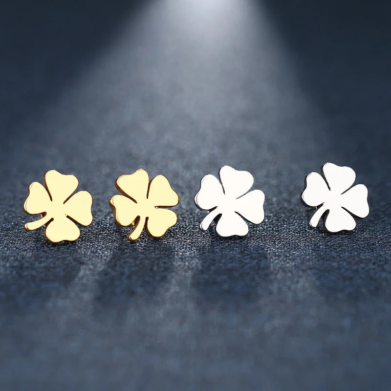 Boucles d'Oreilles Clou avec Trèfle à 4 Feuilles Porte Bonheur or