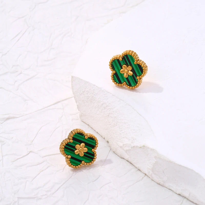 Boucles d'Oreilles Clou avec Trèfle à 5 Feuilles vert