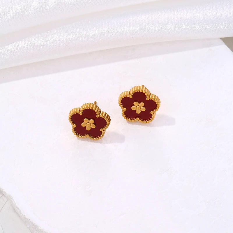 Boucles d'Oreilles Clou avec Trèfle à 5 Feuilles rouge