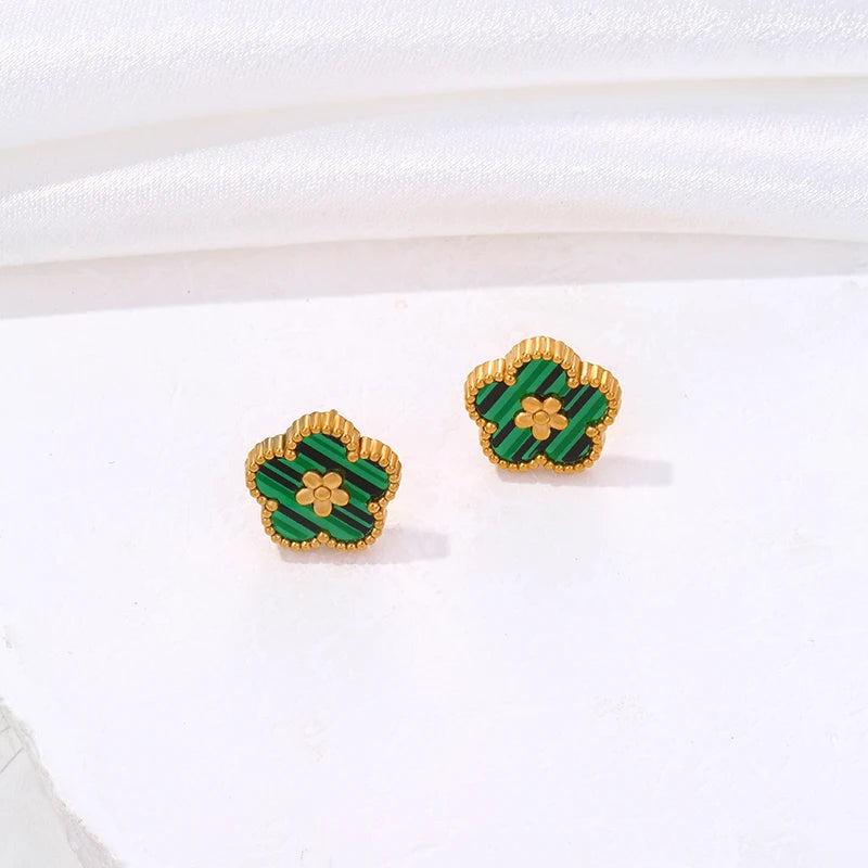Boucles d'Oreilles Clou avec Trèfle à 5 Feuilles vert