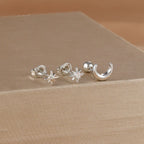 Boucles d'Oreilles Clou Croissant de Lune et Etoiles argent