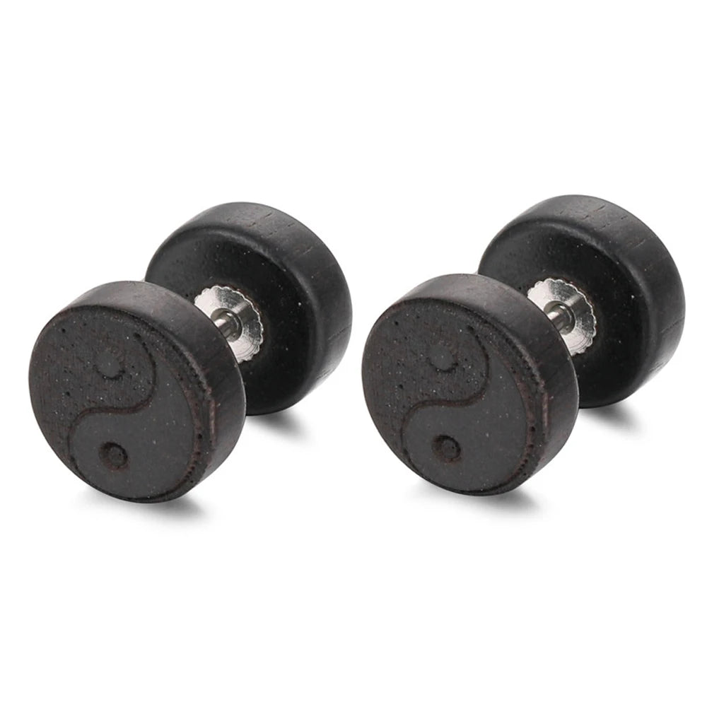 Boucles d'Oreilles Clou en Bois Yin Yang noir