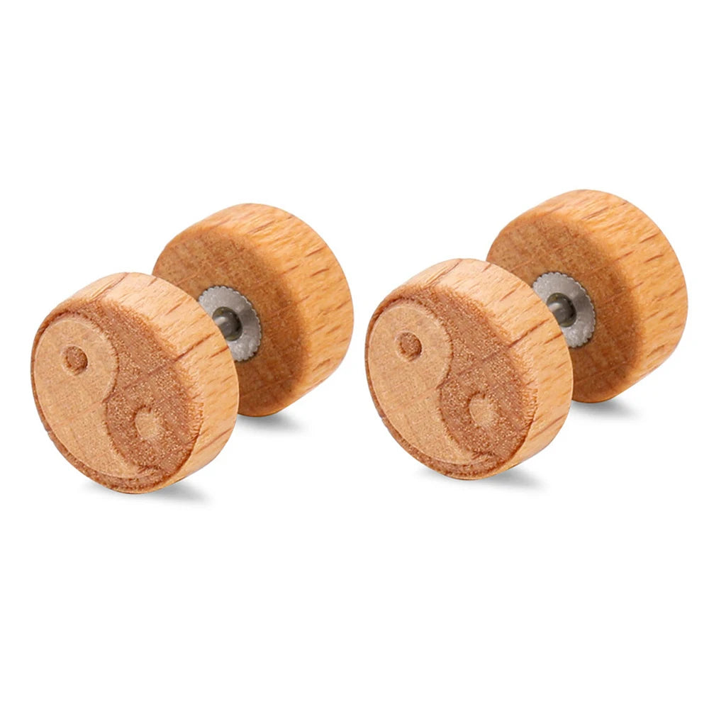 Boucles d'Oreilles Clou en Bois Yin Yang beige