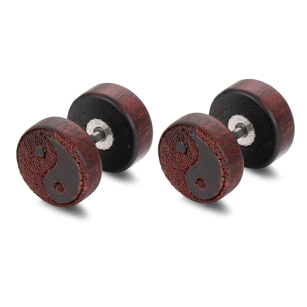Boucles d'Oreilles Clou en Bois Yin Yang marron