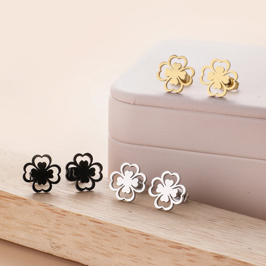 Boucles d'Oreilles Clou en Feuille de Trèfle à 4 Feuilles or