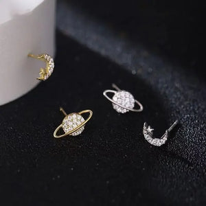 Boucles d'Oreilles Clou Lune et Sphère en Zircon argent