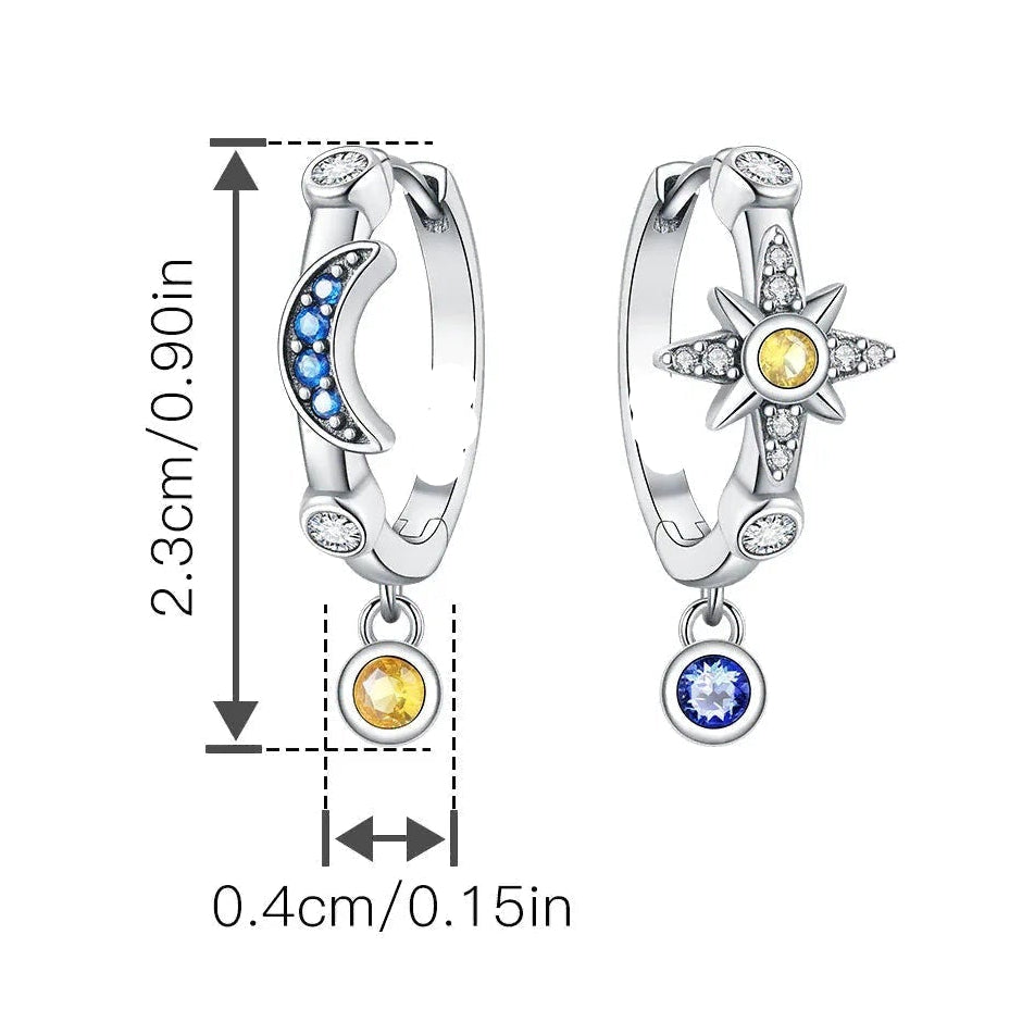 Boucles d'oreilles créoles asymétriques lune et soleil