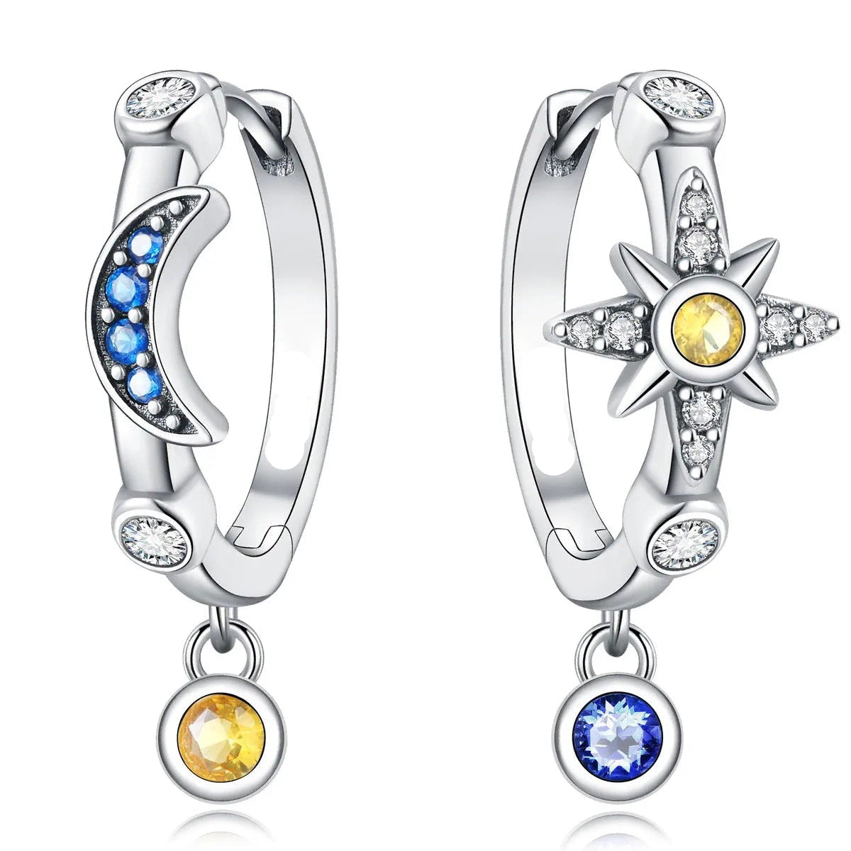 Boucles d'oreilles créoles asymétriques lune et soleil
