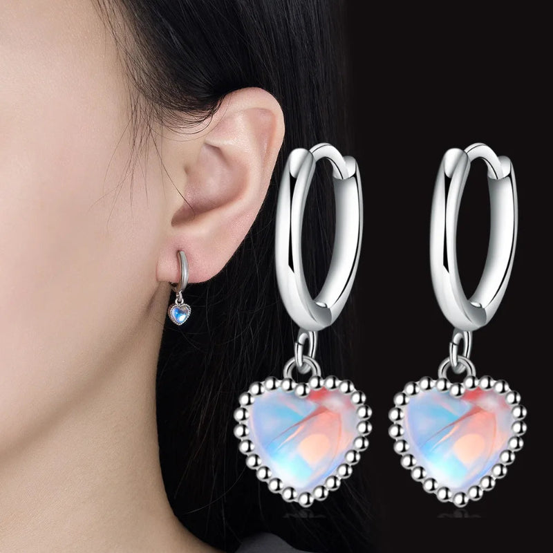 Boucles d'Oreilles Créoles Coeur Pierre de Lune