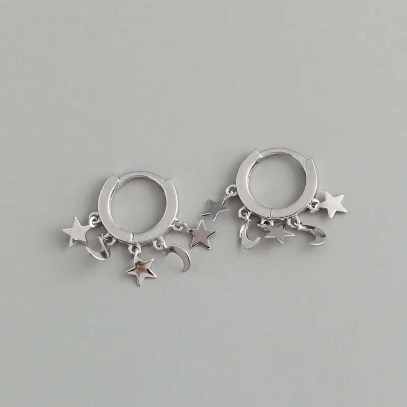 Boucles d'Oreilles Créoles Etoiles et Lunes pendantes argent