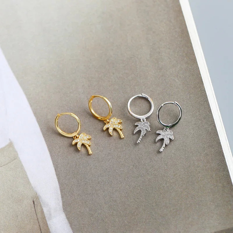 Boucles d'Oreilles Créoles Palmier avec Zircon or