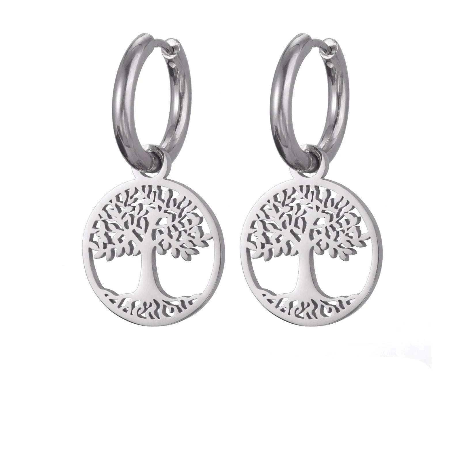 Boucles d'Oreilles Créoles Pendantes Arbre de Vie Femme argent