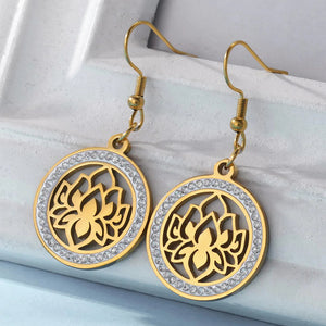 Boucles d'Oreilles Femme Pendantes Fleur de Lotus Dawapara or