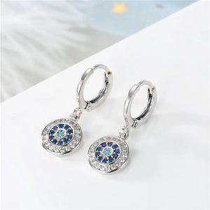 Boucles D'Oreilles Mauvais Oeil Bleu Strass Rondes argent