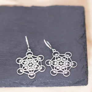 Boucles d'Oreilles Pendantes Argentées Cube de Métatron