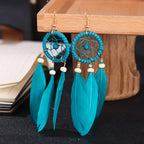 Boucles d'Oreilles Pendantes Attrape-Rêves et Plumes bleu