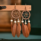 Boucles d'Oreilles Pendantes Attrape-Rêves et Plumes marron