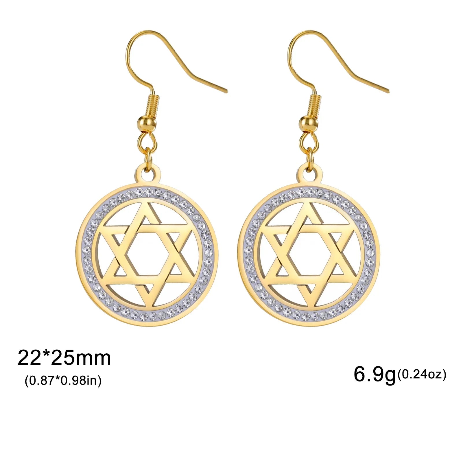 Oorbellen met hanger met de <span data-glossary-id="star-of-david">Davidster</span> en symbolische joodse strass in goud