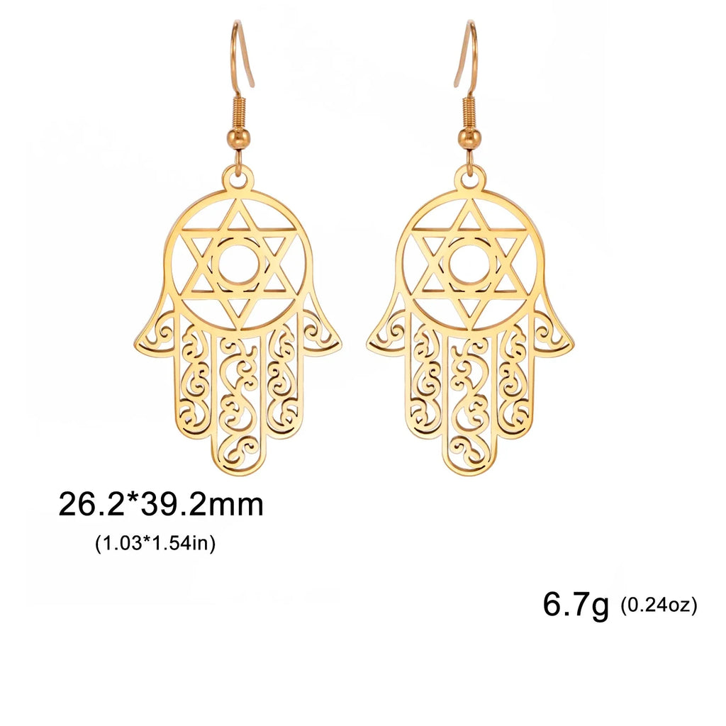 Hangende oorbellen met het Joodse beschermingssymbool hand van Fatma en <span data-glossary-id="etoile-de-david">Davidsster</span> 