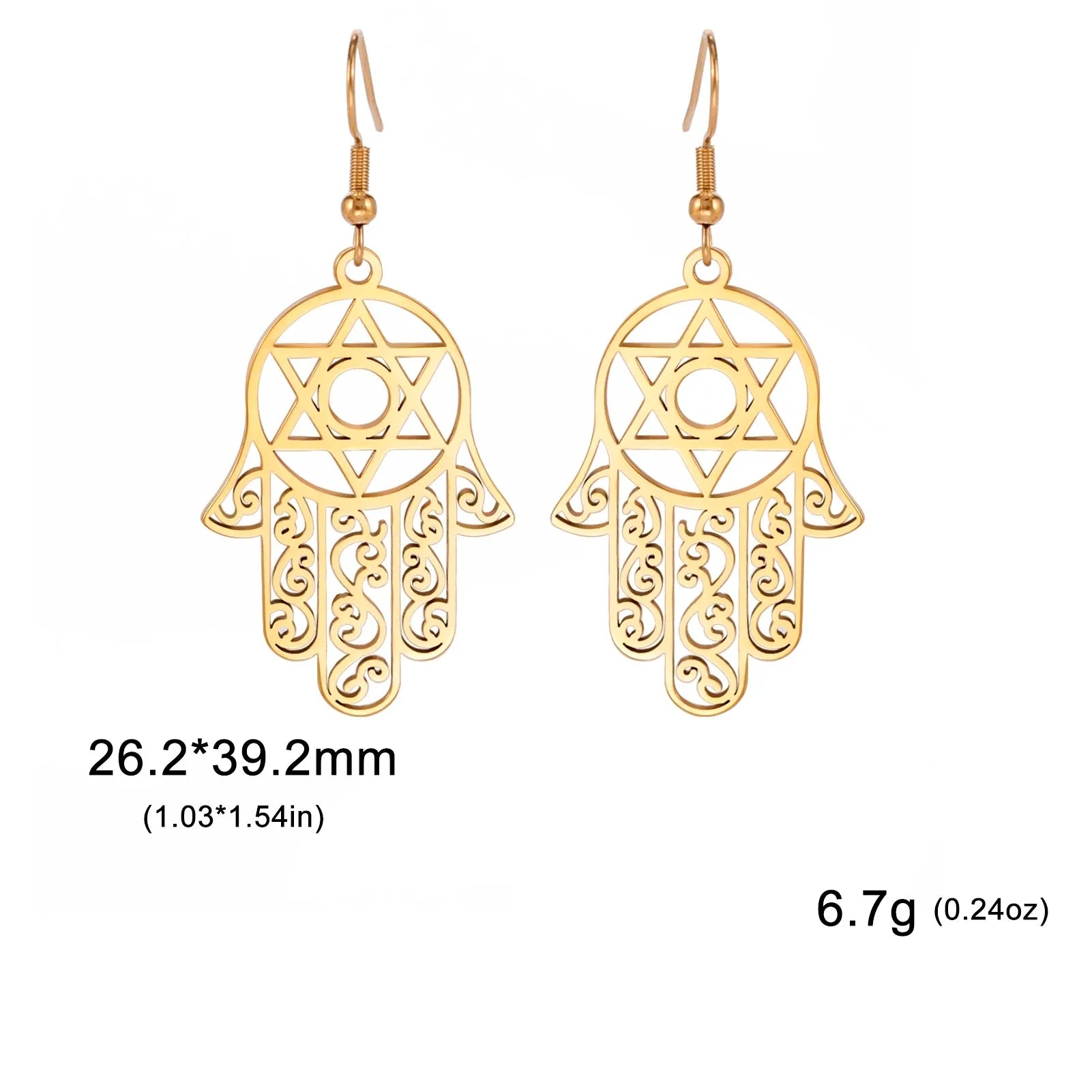 Hangende oorbellen met het Joodse beschermingssymbool hand van Fatma en <span data-glossary-id="etoile-de-david">Davidsster</span> 