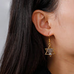 Oorbellen met hangers met Menorah en de <span data-glossary-id="star-of-david">Davidster</span>, joodse symbolen