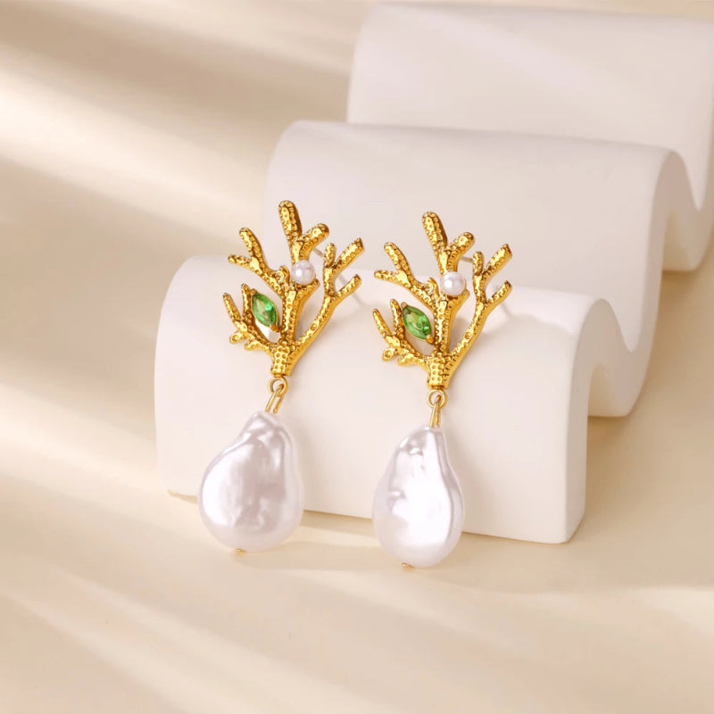 Boucles d'Oreilles Pendantes Corail avec Perle et Zircon vert