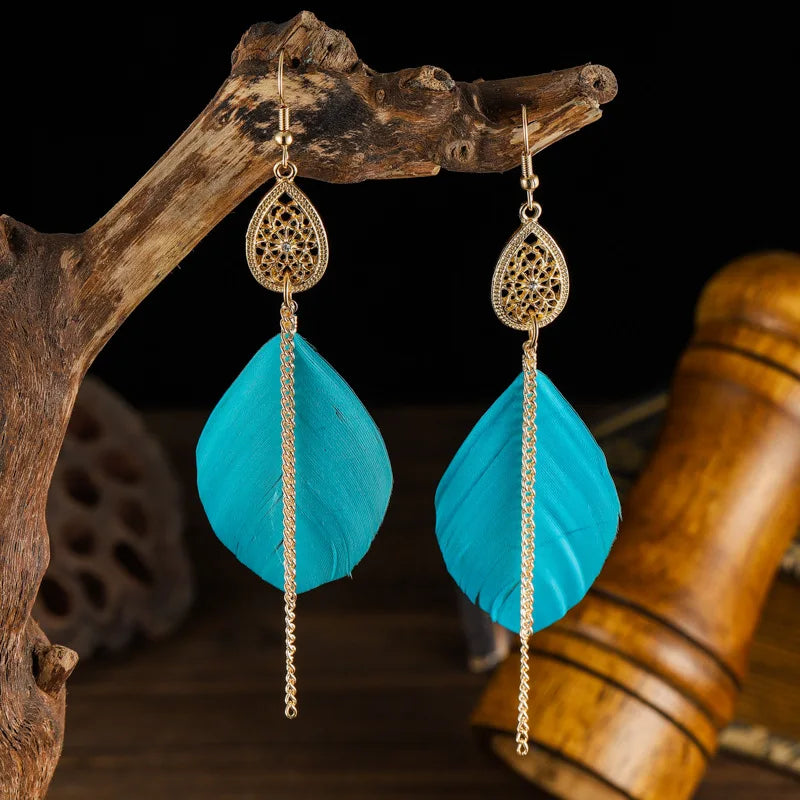 Boho Hangende Oorbellen met Veer 