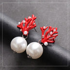 Boucles d'Oreilles Pendantes Corail Rouge et Perles