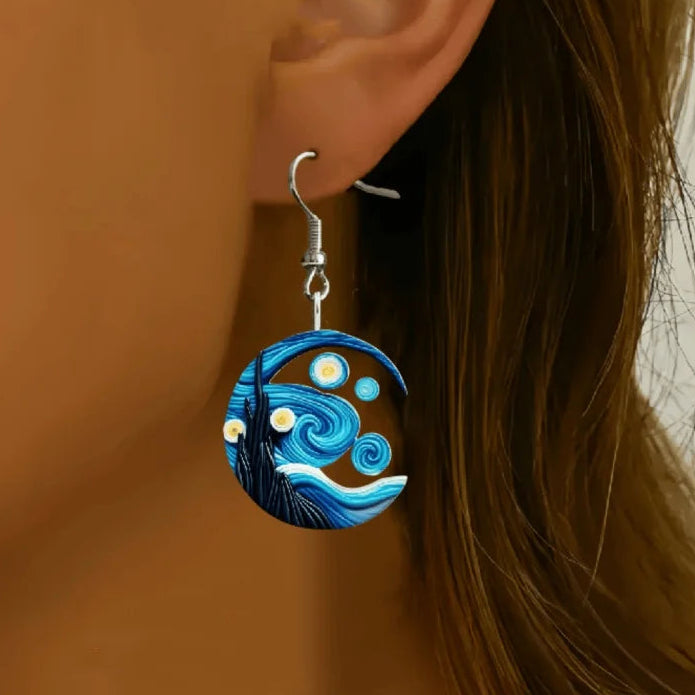 Boucles d'Oreilles Pendantes Croissant de Lune bleu