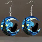 Boucles d'Oreilles Pendantes Croissant de Lune bleu et chat noir