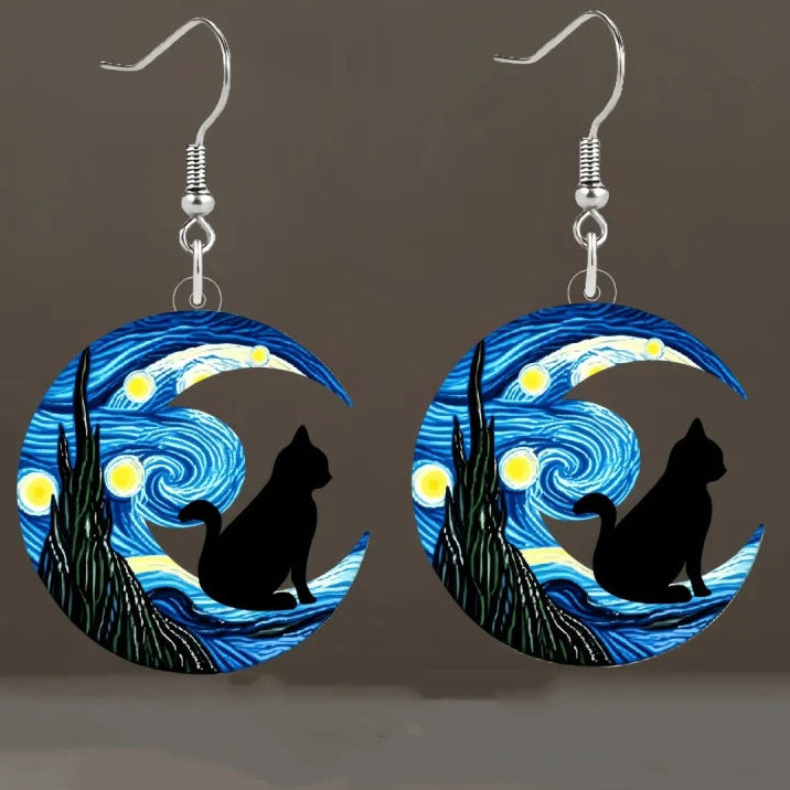 Boucles d'Oreilles Pendantes Croissant de Lune bleu et chat noir