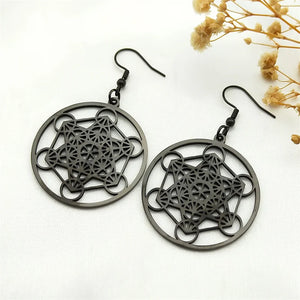 Boucles d'Oreilles Pendantes Cube Métatron noir